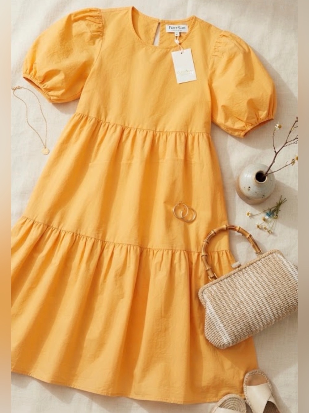 CLEARANCE Peter Som Collective Lagenlook Yellow Puff Sleeve Tiered Midi Dress S
